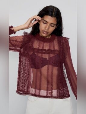 ZARA Burgundy Sheer Lace Blouse – Romantic High Neck Mesh Top.